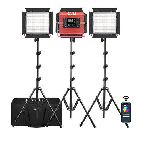 GVM-1200D RGB LED Studio Video Light Bi-Color Soft 3-Light Panel Kit